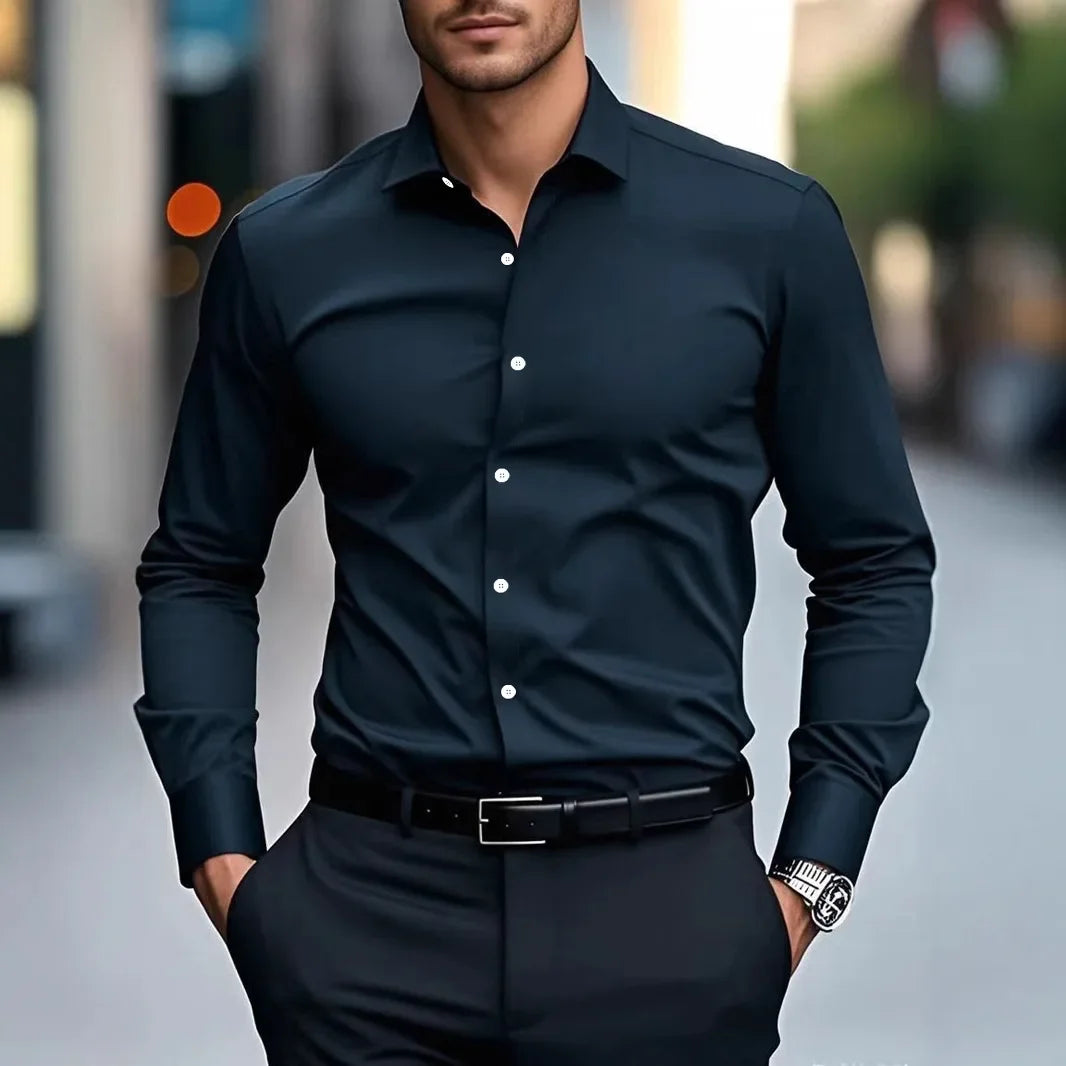 Men's Casual Long Sleeve White Shirt Spring Autumn Slim Fit Formal Workwear Shirt Comfortable Breathable Office Shirt - Ellianto fashion Men's