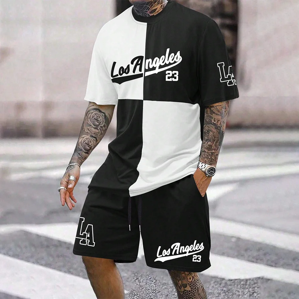 Set Men's Color-Block Los Angeles 23 Print Tracksuit LA Two Piece Outfit for Men T-shirt & Shorts Suit Street Fashion Summer Wear - Ellianto fashion Men's
