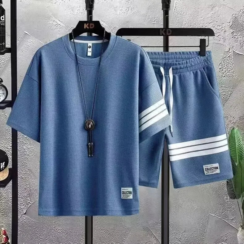Casual Sportswear Set for Men Summer Trendy Loose Short Sleeve T-Shirt And Handsome Shorts Two Piece Set Comfortable Breathable - Ellianto fashion Men's