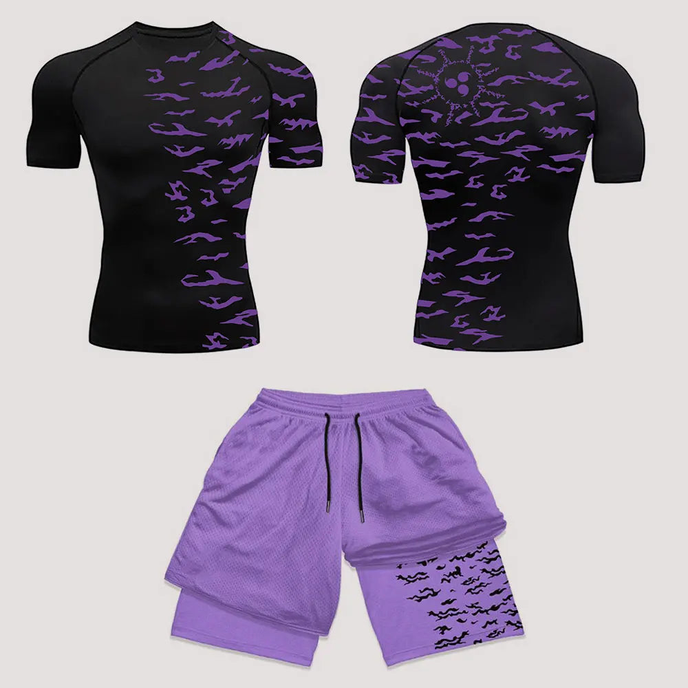 Men’s Anime Print Tracksuit – 2-Piece Breathable Sports Set with T-Shirt, Shorts & Joggers