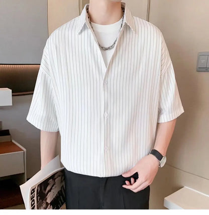 Striped Shirt men Japanese Casual Oversize Trend Black Unisex gothic Short Sleeved Blouses - Ellianto fashion Men's