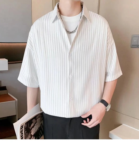 Striped Shirt men Japanese Casual Oversize Trend Black Unisex gothic Short Sleeved Blouses - Ellianto fashion Men's