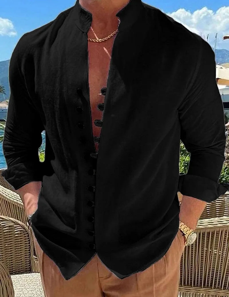 100% pure cotton linen hot selling fashion men's long sleeved shirt solid color stand up collar casual style men's S-3XXL - Ellianto fashion Men's