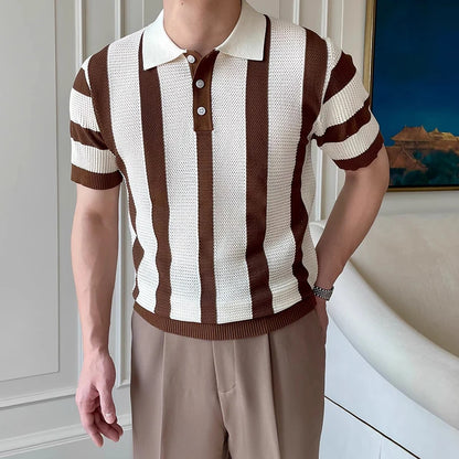 Stylish Mens Slim Short Sleeve Polo Shirts Knitting Striped Contrast Color Polo T Shirt For Men Summer New Casual Buttoned Polos - Ellianto fashion Men's