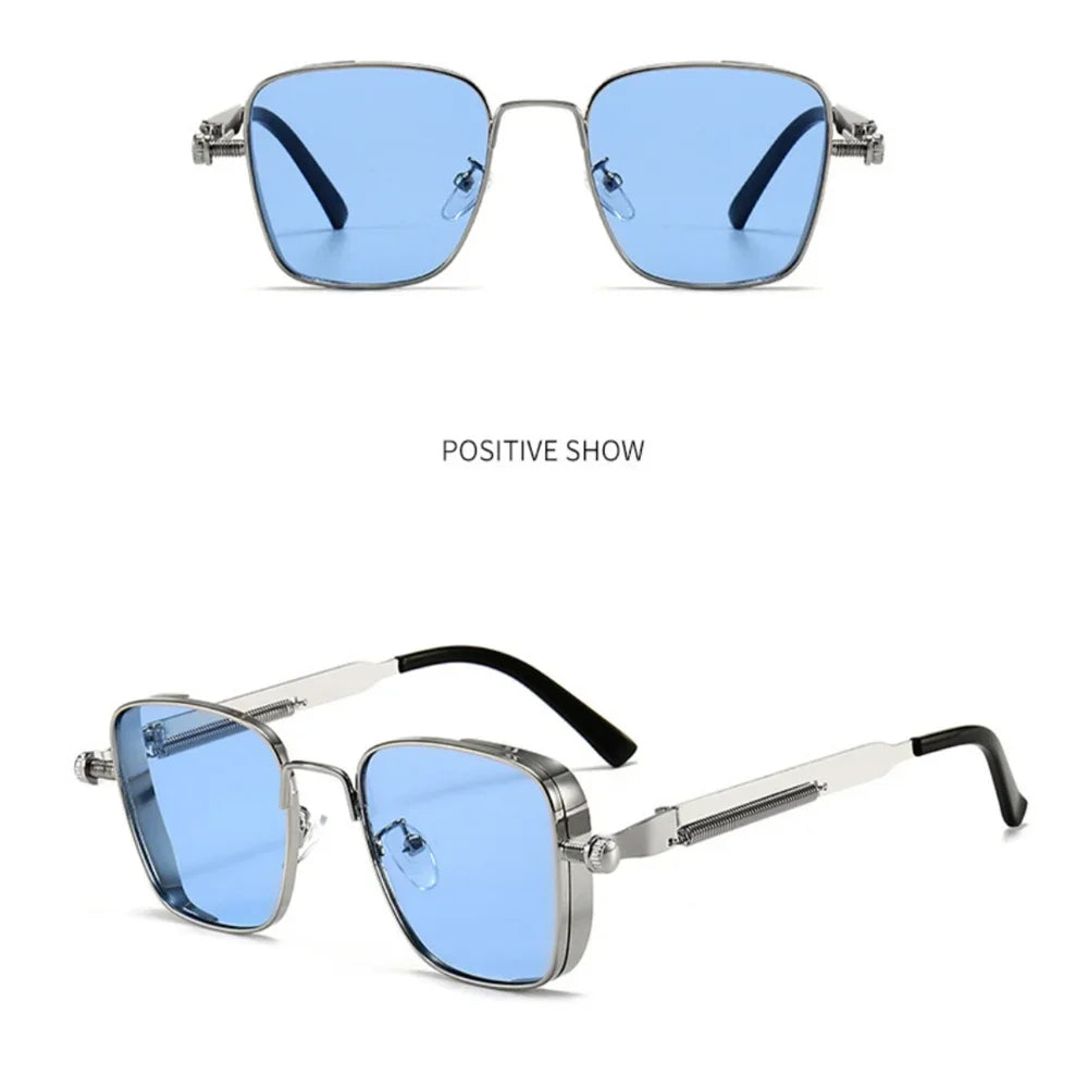 Men Driving Sunglasses Vintage Steampunk Square Sunglasses Metal Frame with Spring Hinges Women Eyepiece Trendy Driver Glasses - Ellianto fashion Men's