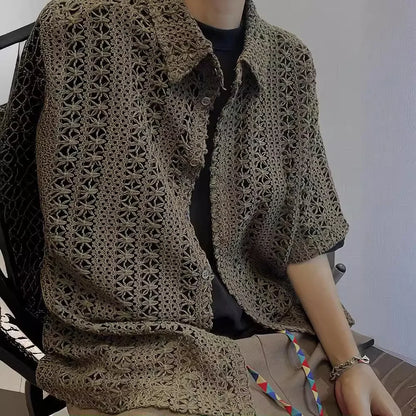 Summer Vintage American-Style Knit Shirt – Breathable, Loose-Fit Comfort and Effortless Military-Green Casual Elegance for the Modern Gentleman