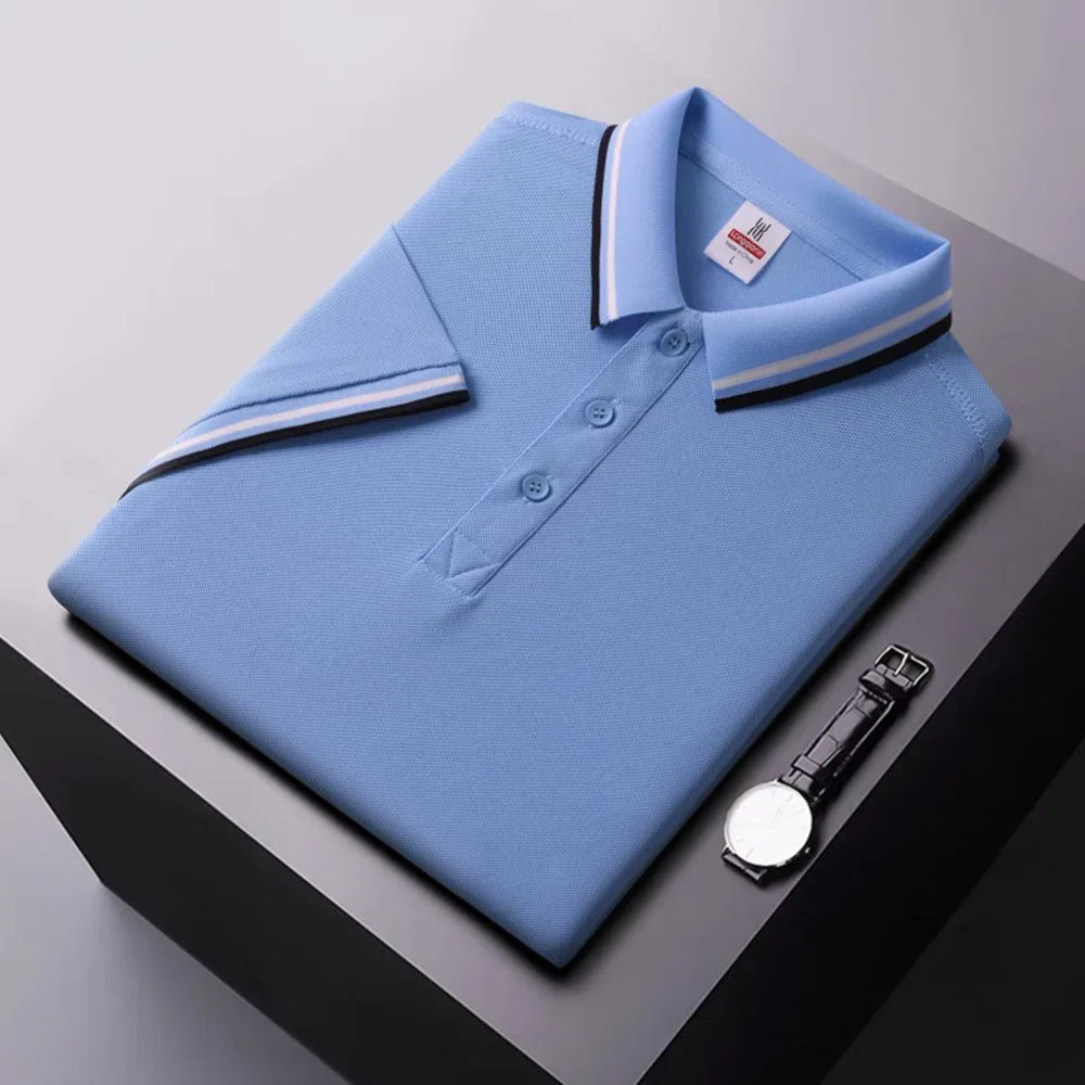 Summer Ice Silk Polo Shirt High-End T-Shirt Solid Color New Half Sleeve Non-Marking Casual Lapels Business Thin Menswear - Ellianto fashion Men's