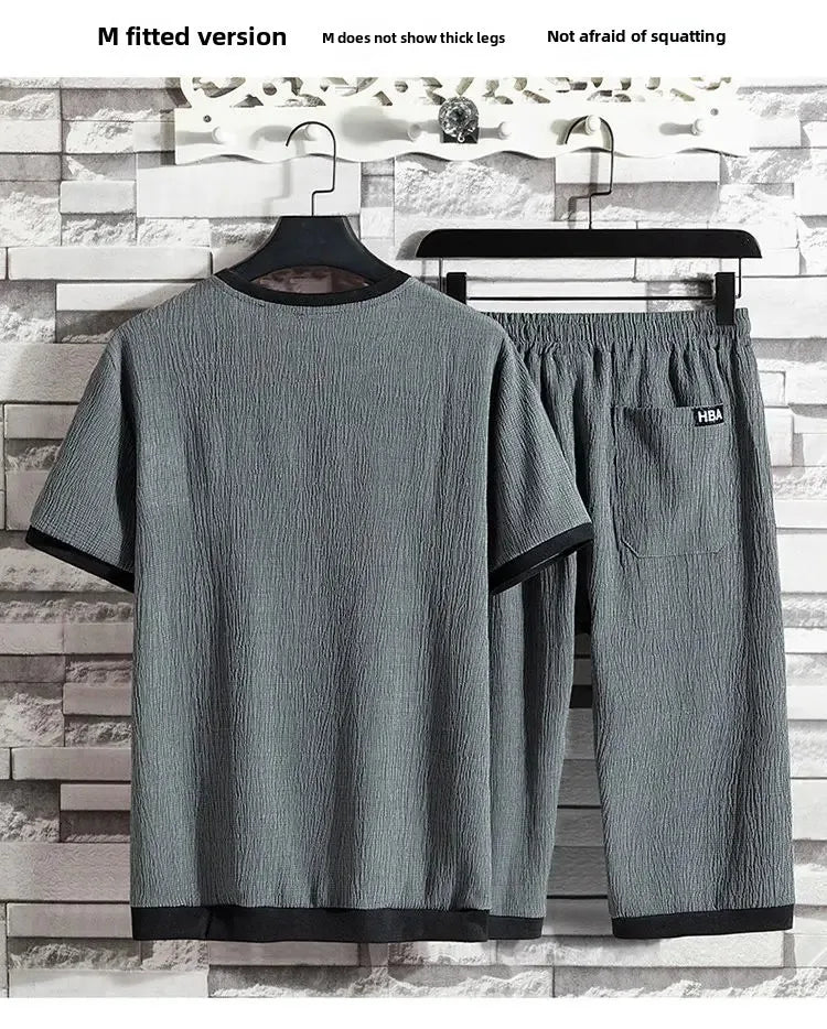 Ice Silk Summer Casual Sports Suit Men's Short Sleeve T-Shirt Shorts Set Fashionable Two-Piece Set for Men Comfortable Breathabl - Ellianto fashion Men's