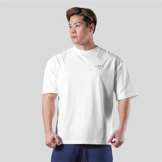 LYFT Printed Pure Cotton Fashion Fitness Sports Short Sleeve Men's Loose T-shirt Summer Workout Casual O-neck Running Tees Tops - Ellianto fashion Men's