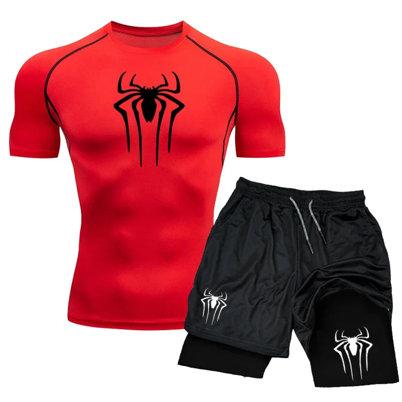 Men’s Spider-Print Compression Sports Set – Lightweight Quick-Dry Gym T-Shirt & Shorts for Effortless 2-Piece Training Comfort