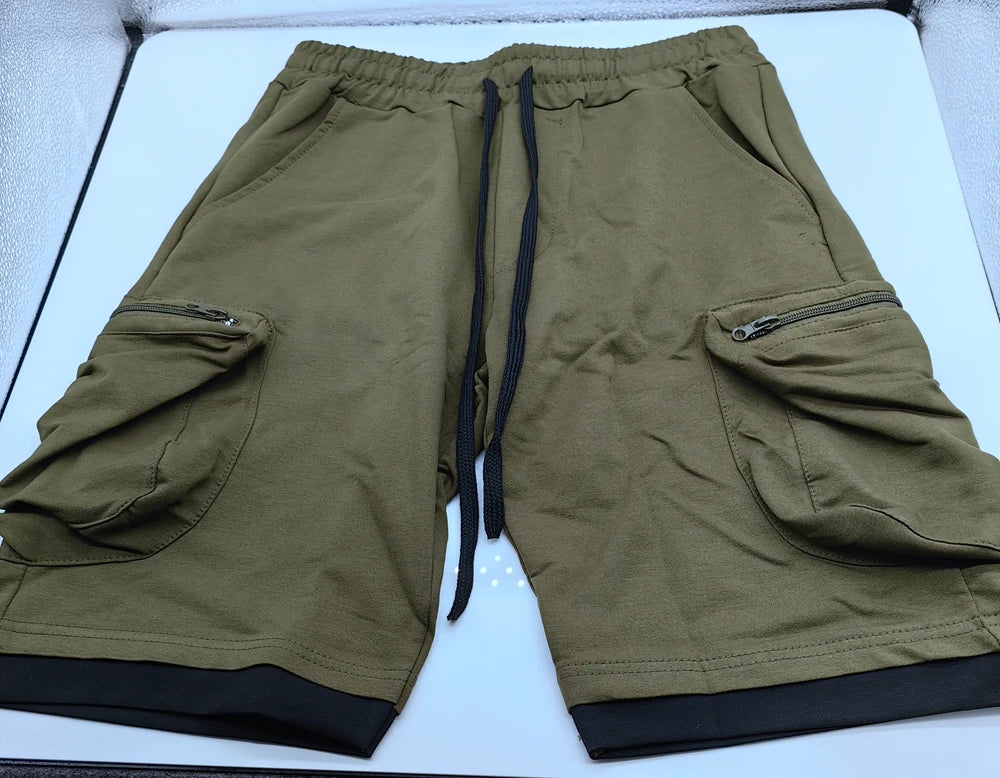 Mens Summer Cargo Shorts Cotton Workout Fitness Shorts Breathable Jogger Training Gyms Bodybuilding Multi Pocket Yellow Shorts - Ellianto fashion Men's