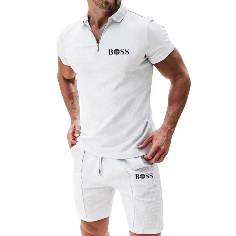 Europe and the United States men short sleeve shorts casual suit summer Waffle solid color casual loose lapel T-shirt suit men - Ellianto fashion Men's
