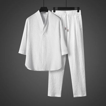 Ice Silk Loose Fit Short Sleeve Men's T-Shirt Set Chinese Style Summer Lightweight Big Size Tang Suit Two Piece Set - Ellianto fashion Men's