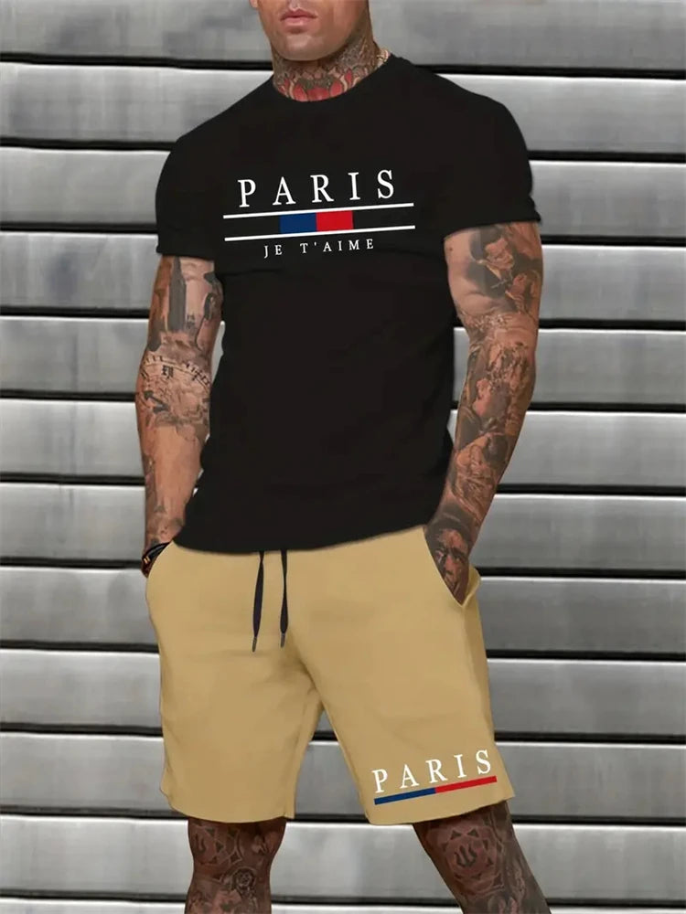 set / 2025 New Fashion Design Men's T-Shirt Men's Sports Drawstring Shorts Simple Printed Men's 2-Piece Summer Gym Breathable Suit - Ellianto fashion Men's