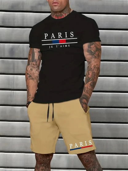 set / 2025 New Fashion Design Men's T-Shirt Men's Sports Drawstring Shorts Simple Printed Men's 2-Piece Summer Gym Breathable Suit - Ellianto fashion Men's