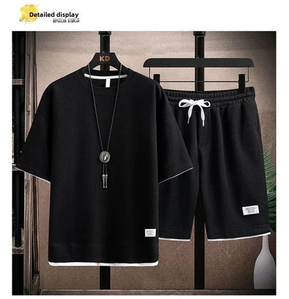 Casual Men's Sportswear Set Summer Short Sleeve Drawstring Shorts Loose Five-Quarter Pants Thin Male Outfit Two-Piece Suit - Ellianto fashion Men's