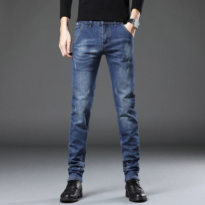 Korean Tight trousers four season Fashion Men Slim Fit Jeans Trendy Stretch denim Casual Cotton Small Legs Men's Pencil Pants - Ellianto fashion Men's