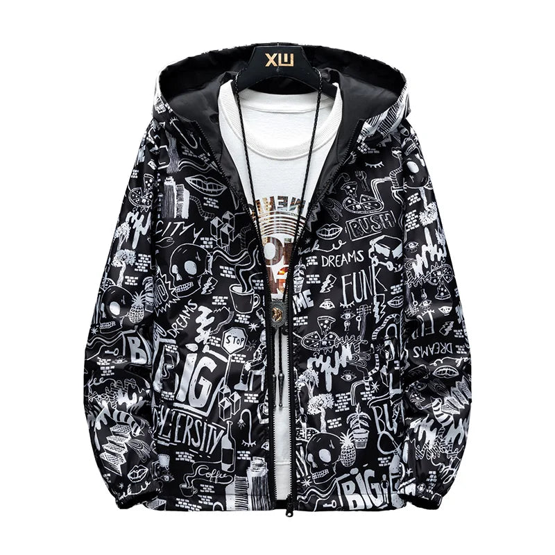 NEW Strewear Graffiti Printed Fashion Reversible Male god Jacket Men Thin Hooded Jackets Windbreakers Clothing Plus Size