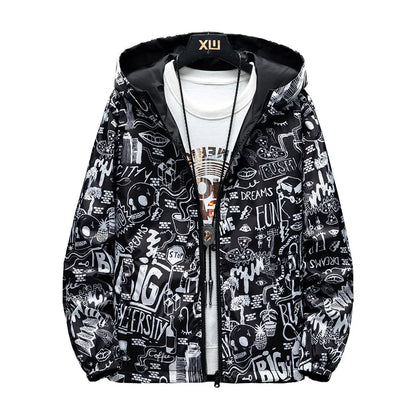 NEW Strewear Graffiti Printed Fashion Reversible Male god Jacket Men Thin Hooded Jackets Windbreakers Clothing Plus Size