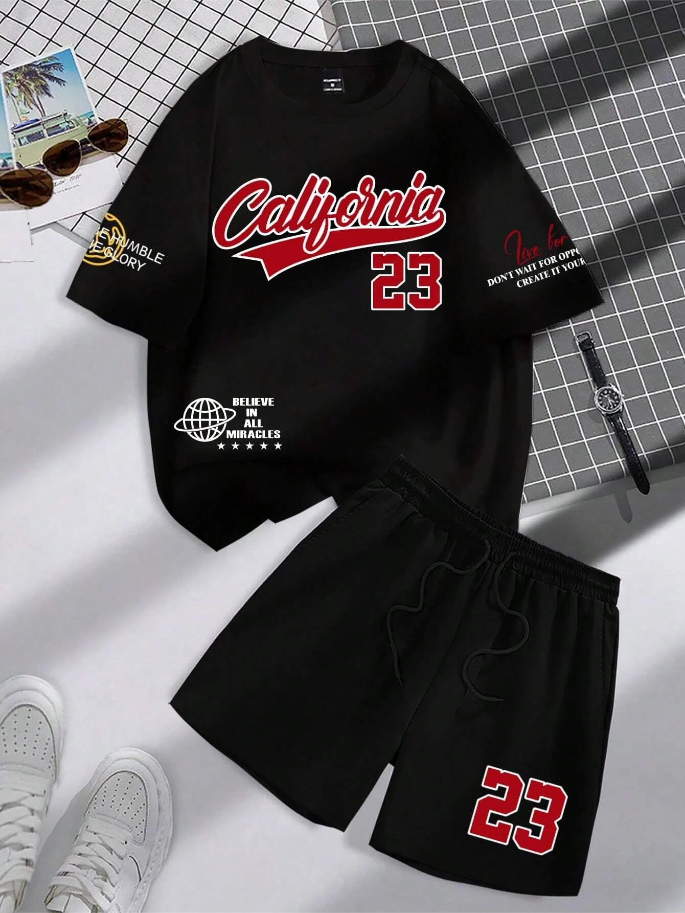 Set Summer Trend Men's Round Neck Short Sleeve Set Fashion Personalized Alphanumeric Print Round Neck T-shirt and Shorts Two Piece - Ellianto fashion Men's