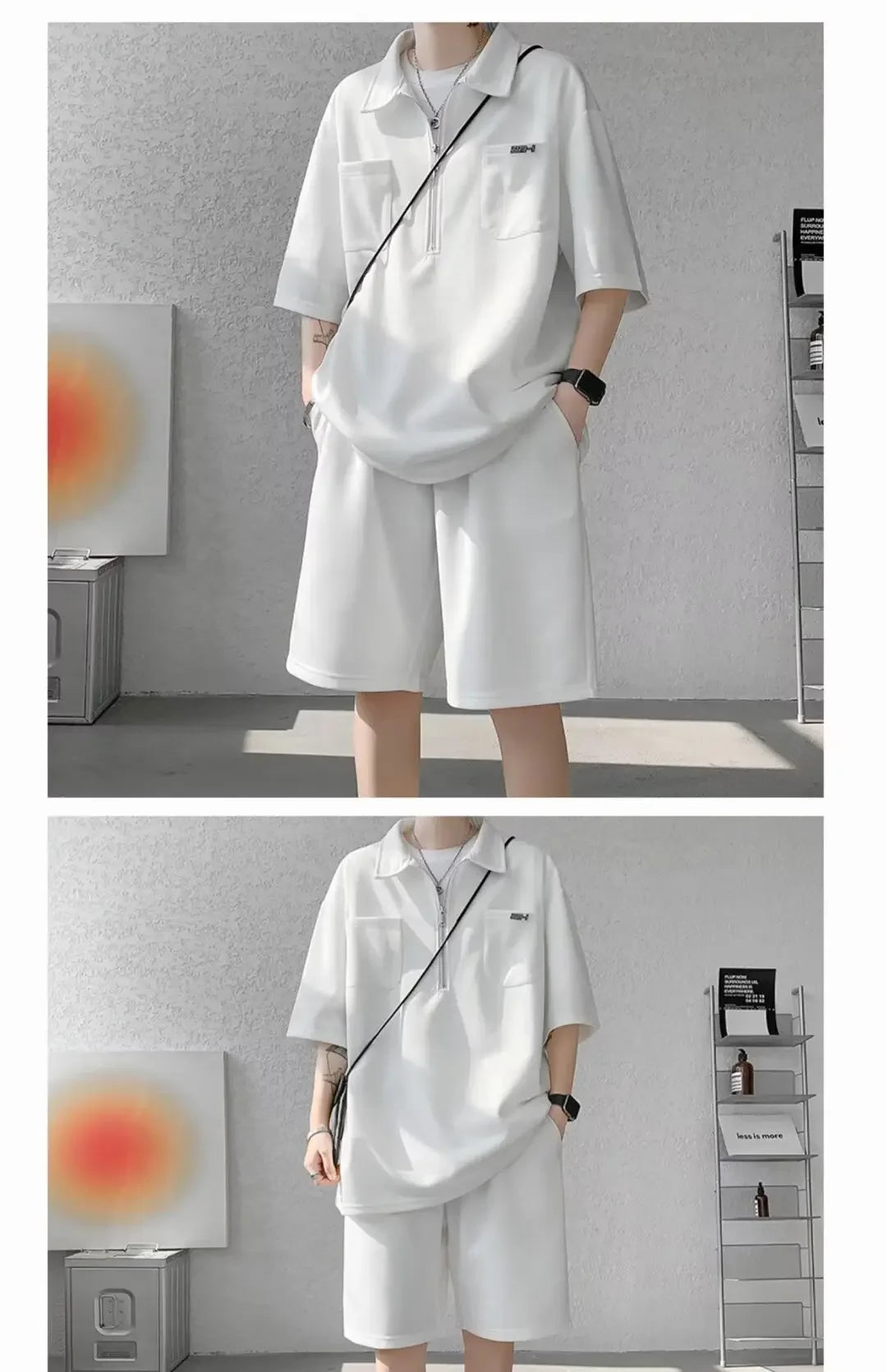 Ice Silk Short Sleeve Polo Shirt Men Summer Trendy Shorts Casual Sports Set Seven Half Zipper Comfortable Thin Male Clothing - Ellianto fashion Men's