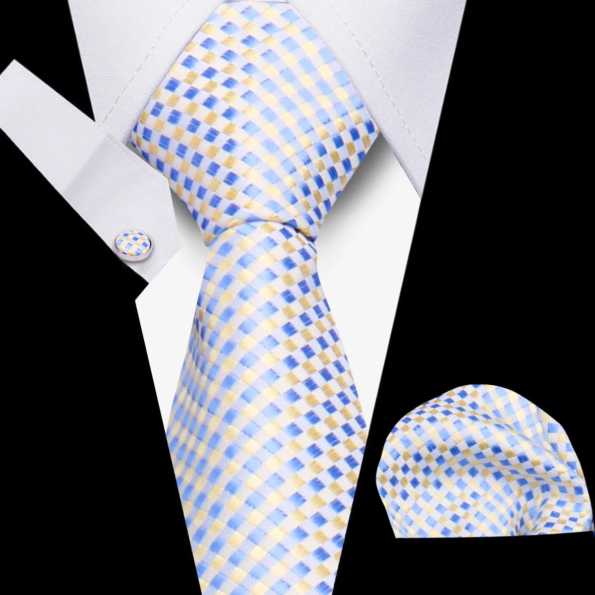 Tie Men Business Necktie Set Classic Plaid Cufflinks Handkerchief For Suit Wedding High Quality 3pcs Ties Sets Formal Gravata - Ellianto fashion Men's