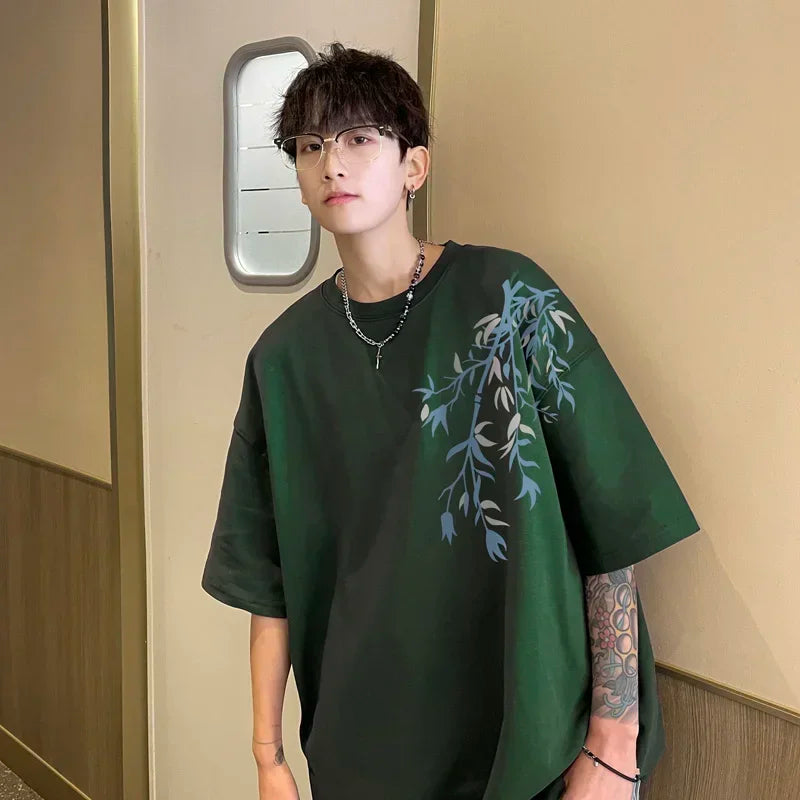 Men's Oversized T-shirts Mens Cotton T Shirt White 5XL Casual Summer Wear Fashion Bamboo Print Tee Shirts for Men Clothing - Ellianto fashion Men's