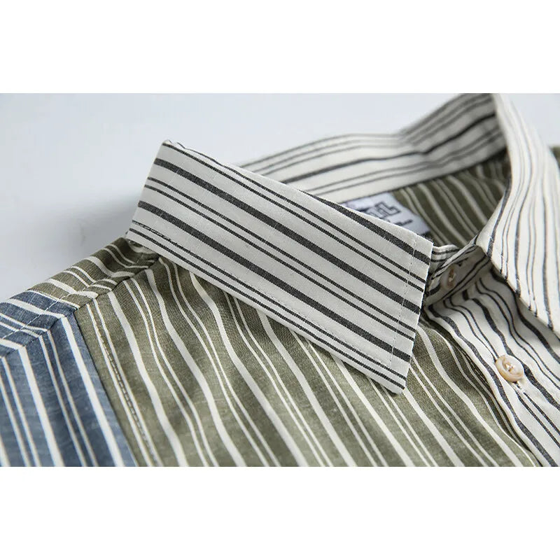 Stripe Splice Shirt Men Japnese Streetwear Fashion Loose Casual Long Sleeve Shirts Cityboy Oversize Cargo Shirts Blouses - Ellianto fashion Men's