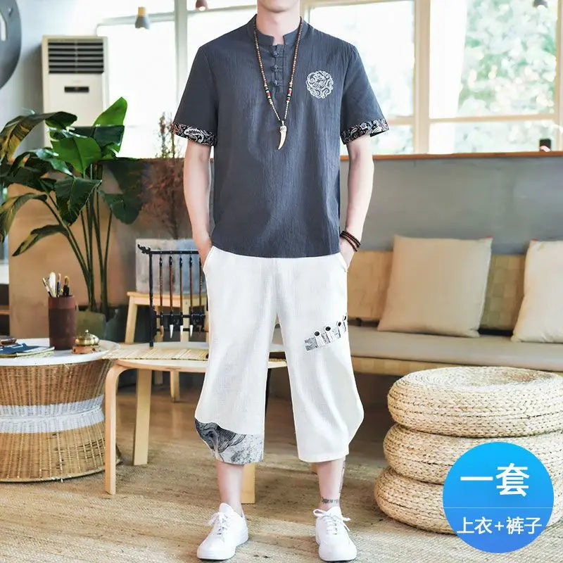 Set Men's Linen Short-Sleeve T-Shirt Summer Style Set Loose Cotton-Linen Retro Embroidered Top Two-Piece Set - Ellianto fashion Men's