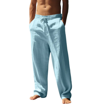 Men's Summer Drawstring Waist Wide Leg Loose Cotton Linen Yoga Pants Beach Casual Trousers with Pockets Casual Lightweight Pants - Ellianto fashion Men's
