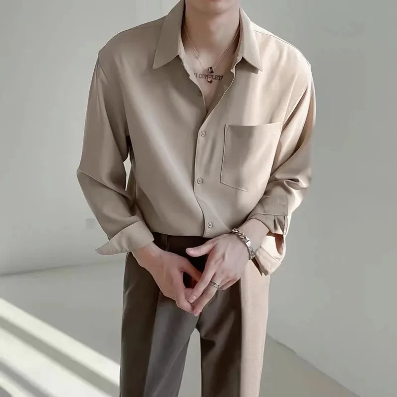 2025 Spring Autumn Korean Style Loose Fit Long Sleeve Shirt Men's Trendy Draped No Ironing Solid Color Shirt One Piece Exchange