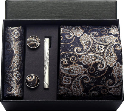 100% Silk Necktie Paisley Floral Mens Tie Top Quality Business Tie Pocket Square Tie Clip Cufflinks Set Classic For Men Gift Box - Ellianto fashion Men's