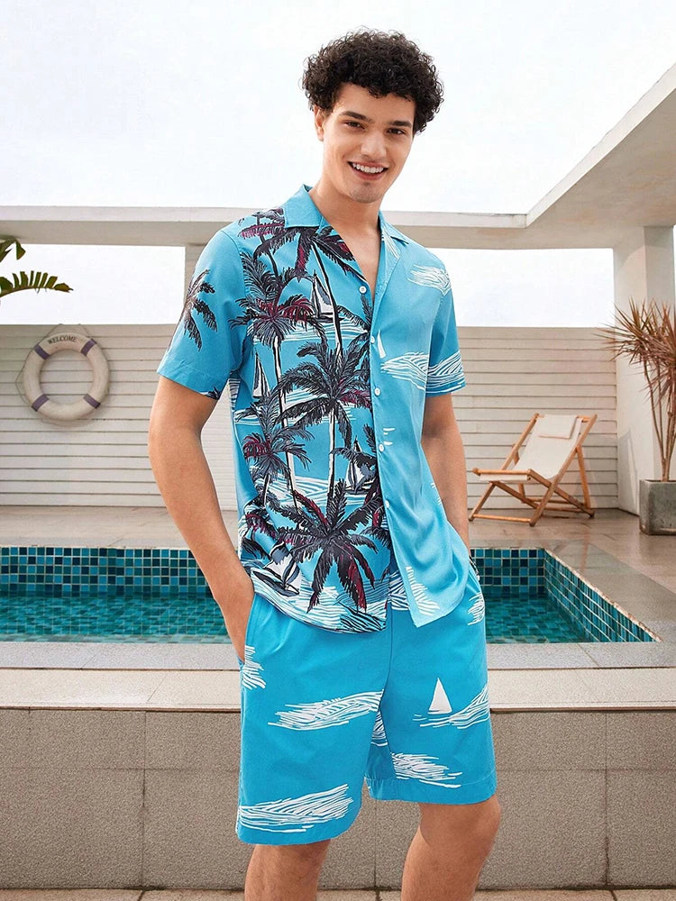 Hawaii Shirt Set Mens Yellow Duck Print Fashion Pattern Summer Fashion Casual Daily Large Button Down Shirt Shorts Two Piece Set - Ellianto fashion Men's