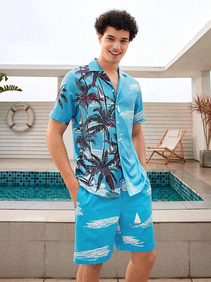 Hawaii Shirt Set Mens Yellow Duck Print Fashion Pattern Summer Fashion Casual Daily Large Button Down Shirt Shorts Two Piece Set - Ellianto fashion Men's