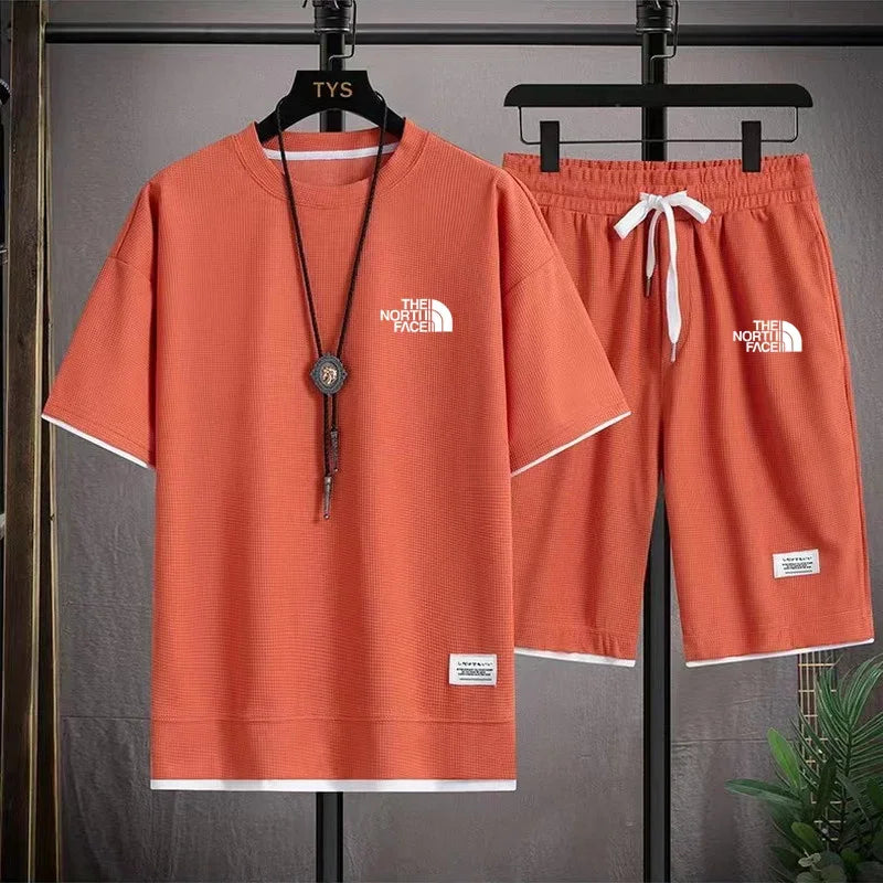 Set 2025 Summer Men's fashion breathable short-sleeved T-shirt + jogging Shorts two-piece fitness training suit Casual set - Ellianto fashion Men's