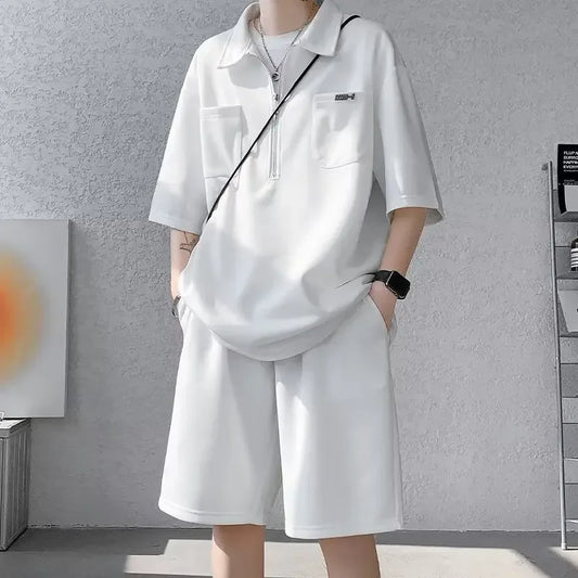 Ice Silk Short Sleeve Polo Shirt Men Summer Trendy Shorts Casual Sports Set Seven Half Zipper Comfortable Thin Male Clothing - Ellianto fashion Men's