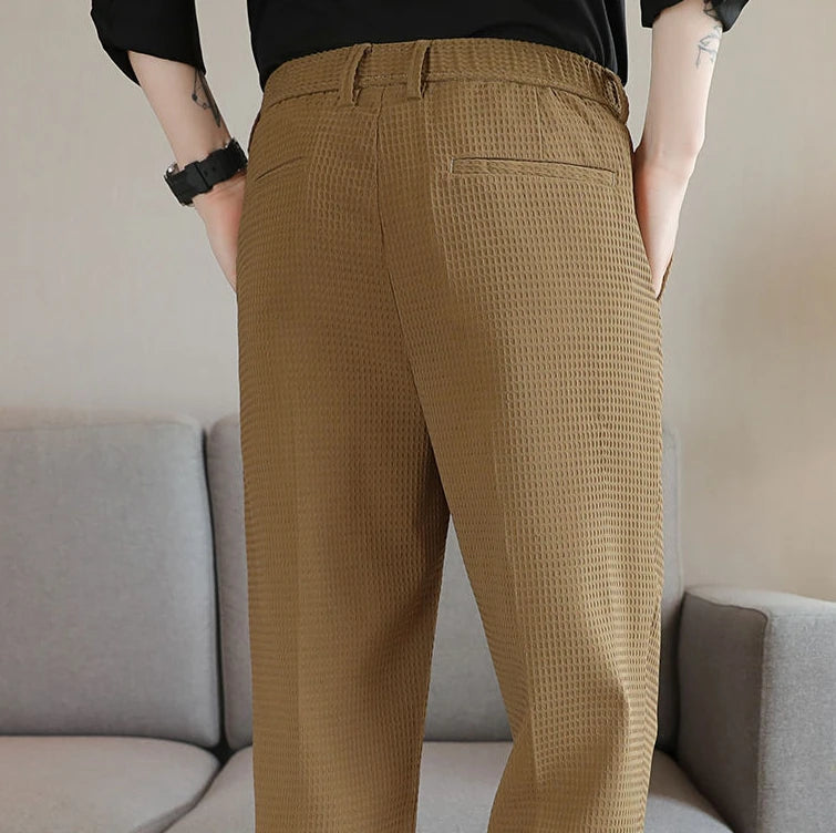 Trousers For Men Social Tailoring Slim Fit Khaki Business Waffle Tressed Work Wear Man Suits Pants Luxury Luxury Spring Clothes - Ellianto fashion Men's