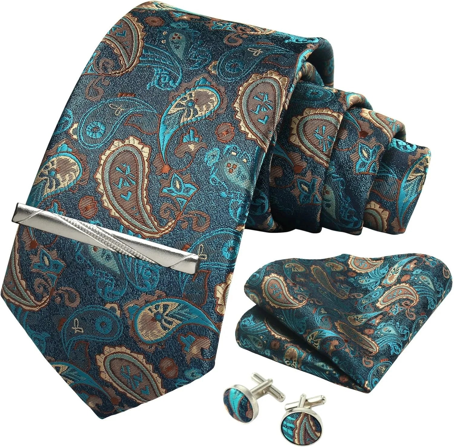 100% Silk Necktie Paisley Floral Mens Tie Top Quality Business Tie Pocket Square Tie Clip Cufflinks Set Classic For Men Gift Box - Ellianto fashion Men's