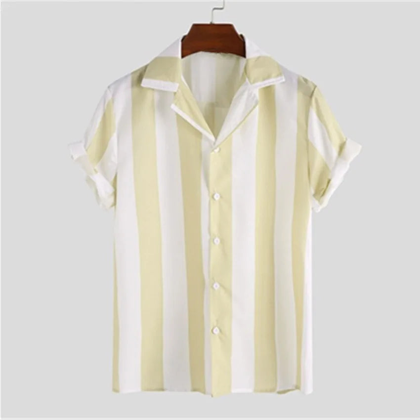 Men's striped casual shirt, summer beach casual loose-fitting short-sleeved shirt, summer daily commuting style travel shirt - Ellianto fashion Men's
