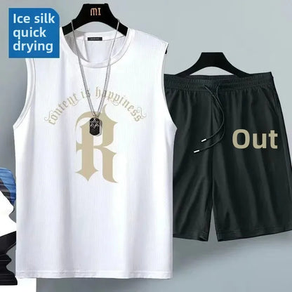 Ice Silk Men's Sports Set Quick Dry Basketball Uniform Summer Vest Shorts Gym Running One Piece Thin Male Fitness Outfit - Ellianto fashion Men's