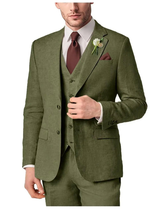 2025 NEW Men's Linen Suit Solid Color 3 pieces Customized Fashion Gentleman Casual Business Party Wedding Formal Office Suit