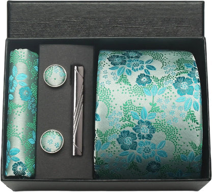 100% Silk Necktie Paisley Floral Mens Tie Top Quality Business Tie Pocket Square Tie Clip Cufflinks Set Classic For Men Gift Box - Ellianto fashion Men's