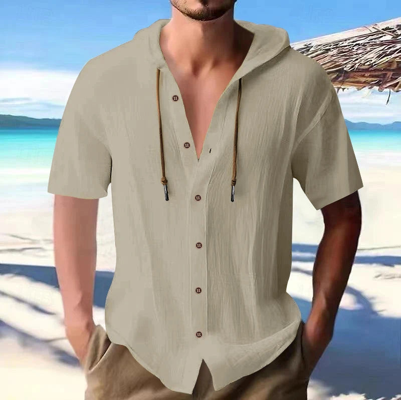 Cross-border men's solid color casual short-sleeved shirt with hooded drawstring cotton hemp cardigan with loose T-shirt - Ellianto fashion Men's