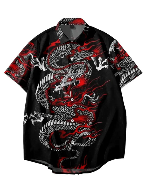 New Year Dragon Hawaiian Casual Men's Short Sleeve Shirt Y2k Vintage Top Breathable Camisas Casuais Blouse Man Clothing Society - Ellianto fashion Men's
