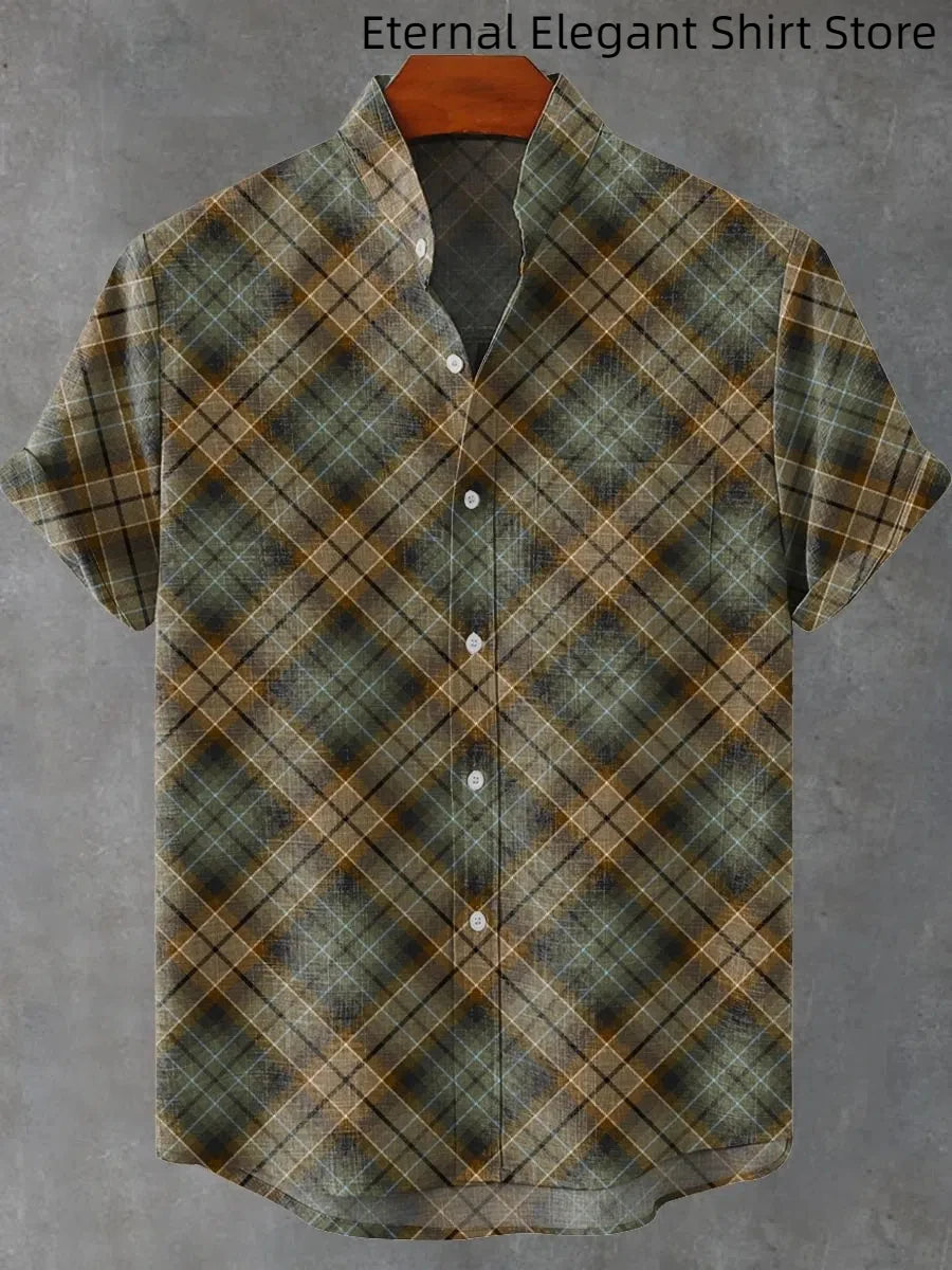2025 Men's New Hot Selling Cool Checkered Pattern Printed Summer Comfortable Linen Short sleeved Shirt Men's Casual Button Top - Ellianto fashion Men's
