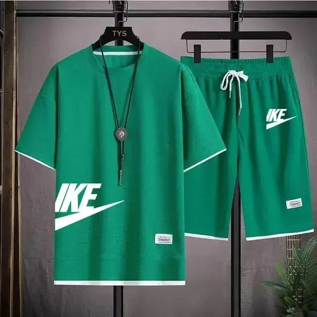 2025 Men's breathable short-sleeved T-shirt + jogging shorts two-piece summer fashion quick-dry fitness leisure sports suit - Ellianto fashion Men's