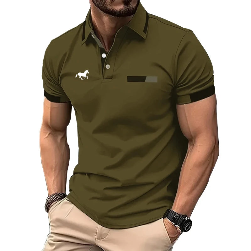 100% Polyester Men Summer Short Sleeve Fashion Lapel Business Casual Polo Shirt Men Slim Pure Color Golf Polo Shirt Tops . - Ellianto fashion Men's