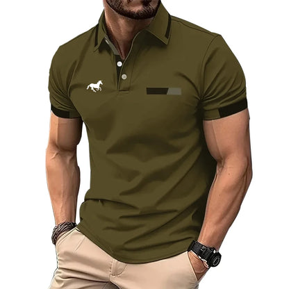 100% Polyester Men Summer Short Sleeve Fashion Lapel Business Casual Polo Shirt Men Slim Pure Color Golf Polo Shirt Tops . - Ellianto fashion Men's
