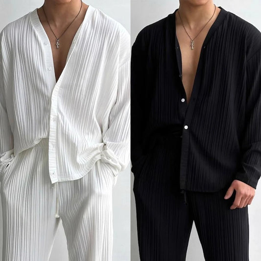 Mens Striped Sexy Solid Color V-Neck Knitted Long Sleeves Sweater Pants Autumn Casual Fashion Two-Piece Set Men’s Clothing 2024 - Ellianto fashion Men's