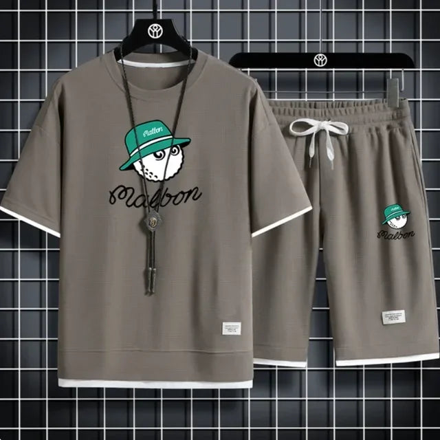 Set 2025 New men's summer Korean brand casual T-shirt + jogging Shorts 2-piece fitness slow running quick-drying breathable sportswe - Ellianto fashion Men's